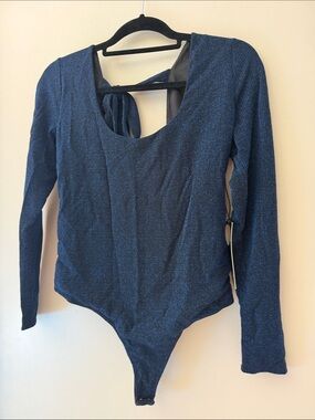 Privacy Please Metallic Navy Long-Sleeve Tie-Back Bodysuit